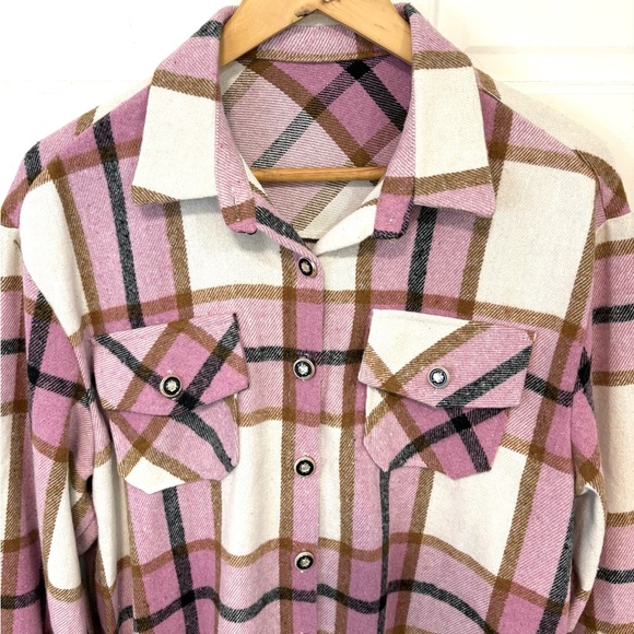 Women’s Pink Plaid Flannel Shirt Jacket Grunge Cozycore Soft Button Down Sz L - Picture 3 of 12
